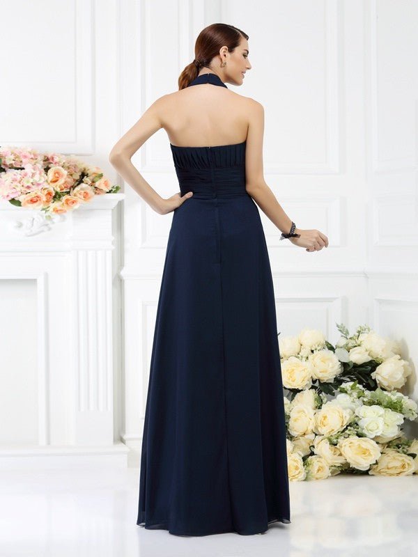 NumberSea - A - Line/Princess Halter Pleats Sleeveless Long Chiffon Bridesmaid Dresses