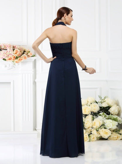 NumberSea - A - Line/Princess Halter Pleats Sleeveless Long Chiffon Bridesmaid Dresses