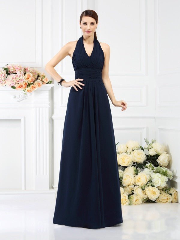 NumberSea - A - Line/Princess Halter Pleats Sleeveless Long Chiffon Bridesmaid Dresses