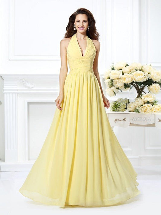 NumberSea - A - Line/Princess Halter Pleats Sleeveless Long Chiffon Bridesmaid Dresses