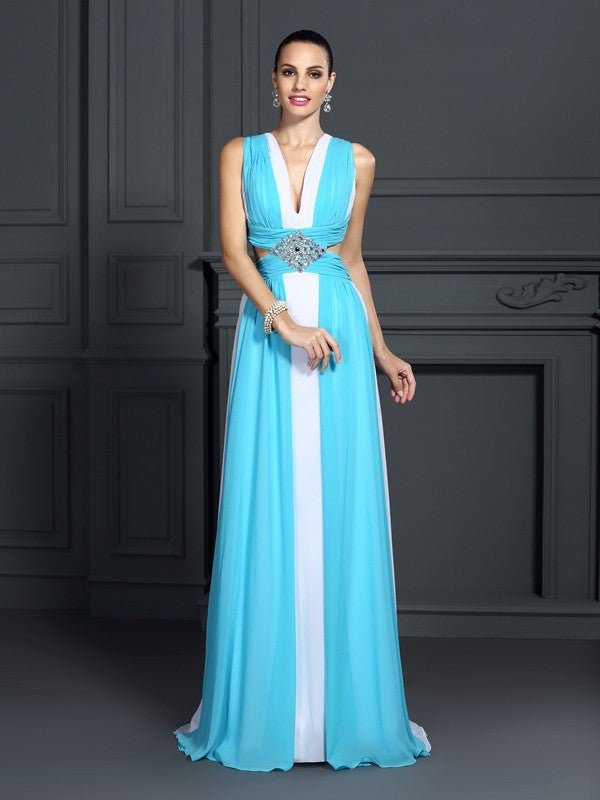 NumberSea - A - Line/Princess Halter Ruffles Sleeveless Long Chiffon Dresses