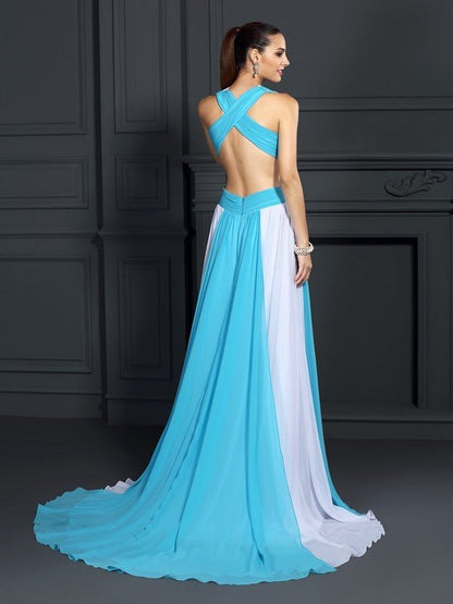 NumberSea - A - Line/Princess Halter Ruffles Sleeveless Long Chiffon Dresses