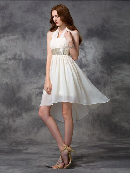 NumberSea - A - line/Princess Halter Sequin Sleeveless High Low Chiffon Cocktail Dresses