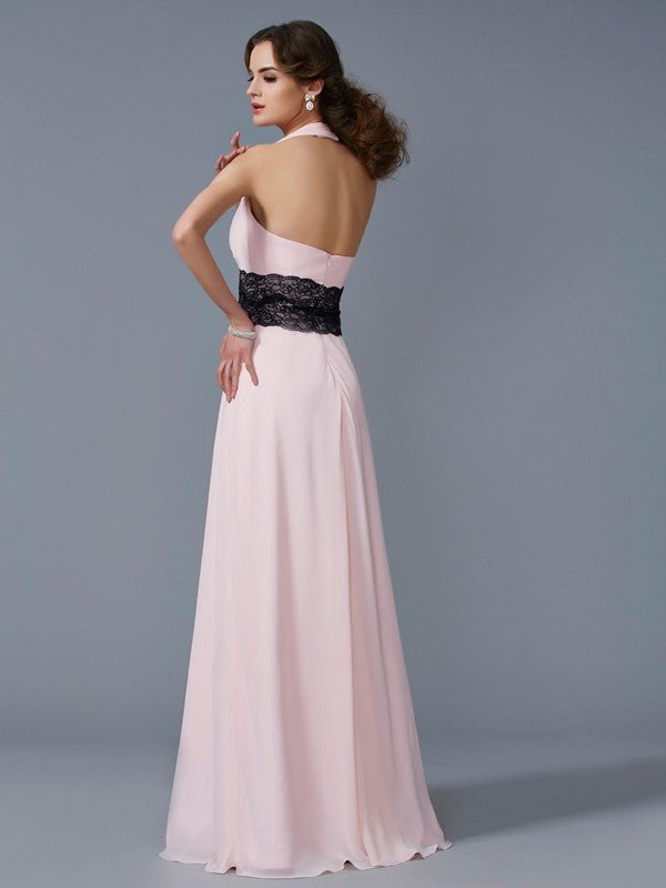 NumberSea - A - Line/Princess Halter Sleeveless Applique Long Chiffon Dresses