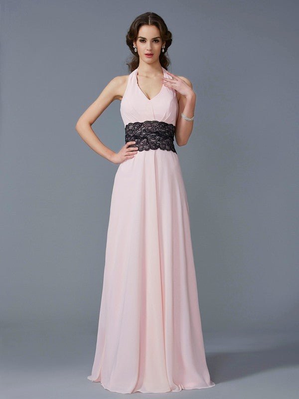 NumberSea - A - Line/Princess Halter Sleeveless Applique Long Chiffon Dresses