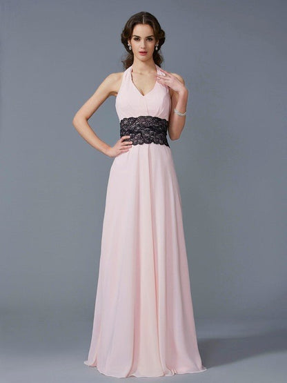 NumberSea - A - Line/Princess Halter Sleeveless Applique Long Chiffon Dresses