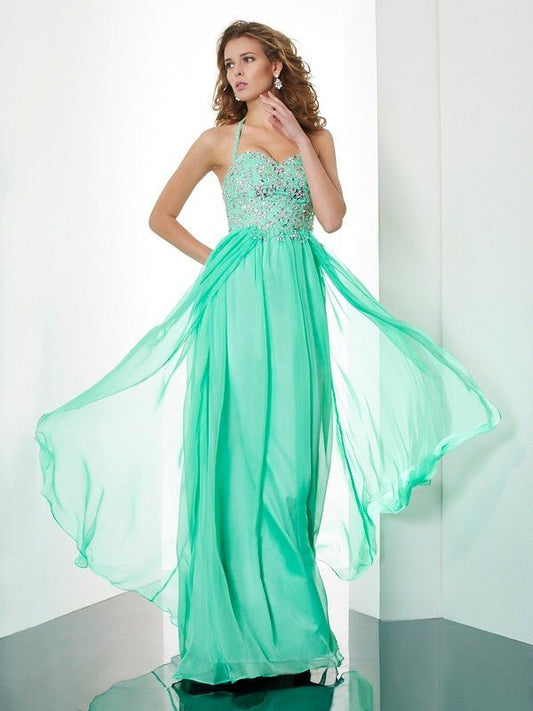 NumberSea - A - Line/Princess Halter Sleeveless Beading Applique Long Chiffon Dresses