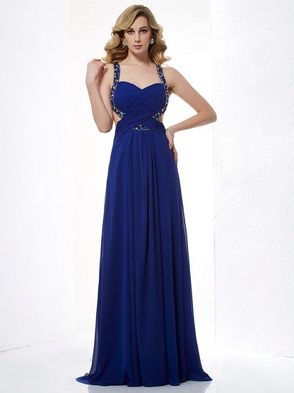 NumberSea - A - Line/Princess Halter Sleeveless Beading Long Chiffon Dresses