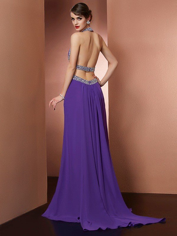 NumberSea - A - Line/Princess Halter Sleeveless Beading Long Chiffon Dresses