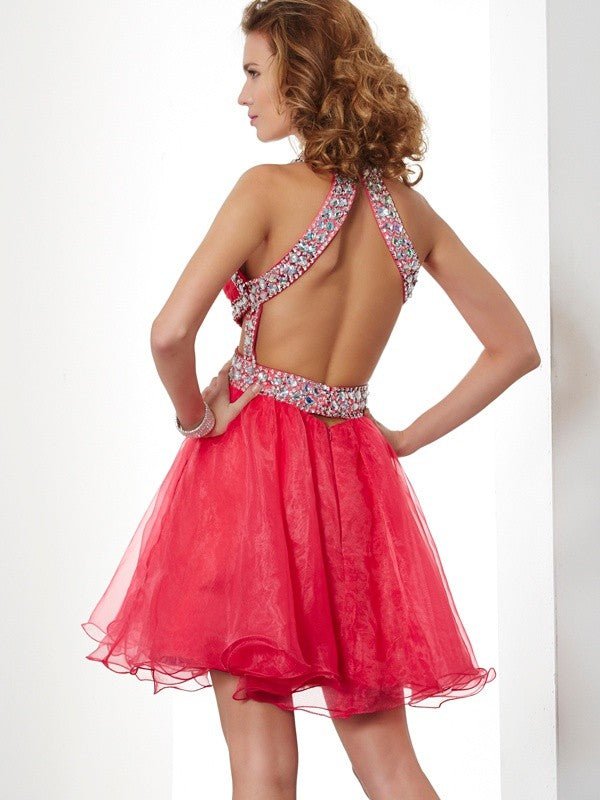 NumberSea - A - Line/Princess Halter Sleeveless Beading Short Organza Homecoming Dresses