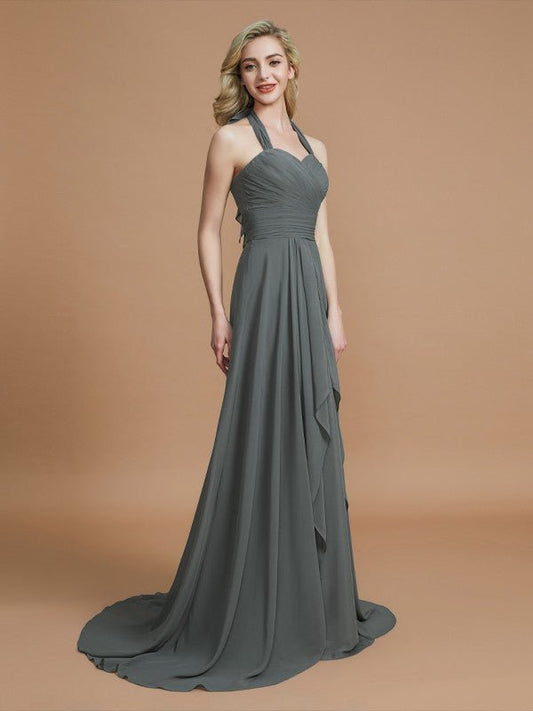 NumberSea - A - Line/Princess Halter Sleeveless Chiffon Sweep/Brush Train Bridesmaid Dresses