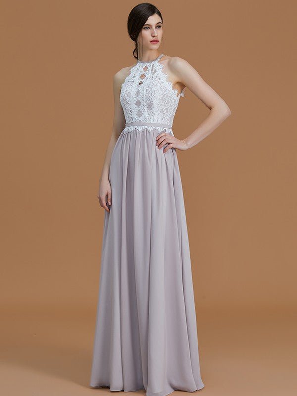 NumberSea - A - Line/Princess Halter Sleeveless Floor - Length Lace Chiffon Bridesmaid Dresses