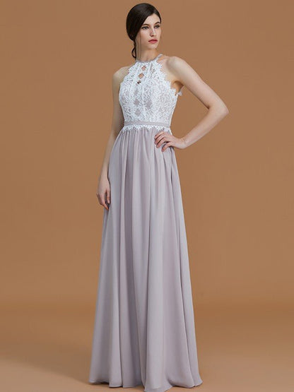 NumberSea - A - Line/Princess Halter Sleeveless Floor - Length Lace Chiffon Bridesmaid Dresses