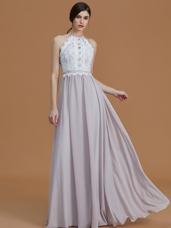 NumberSea - A - Line/Princess Halter Sleeveless Floor - Length Lace Chiffon Bridesmaid Dresses