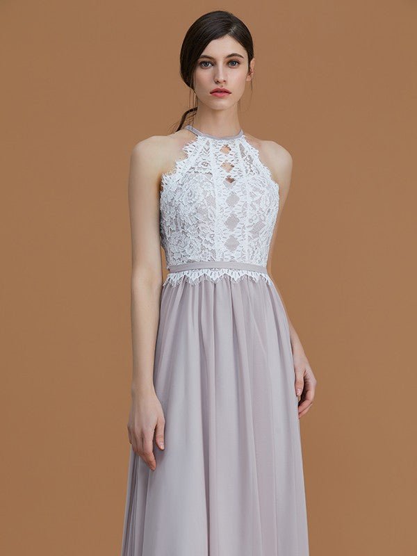 NumberSea - A - Line/Princess Halter Sleeveless Floor - Length Lace Chiffon Bridesmaid Dresses