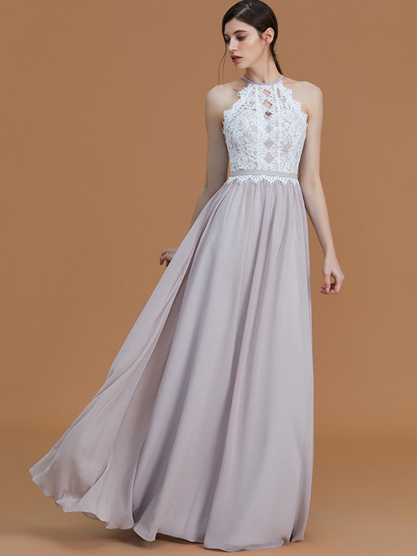 NumberSea - A - Line/Princess Halter Sleeveless Floor - Length Lace Chiffon Bridesmaid Dresses