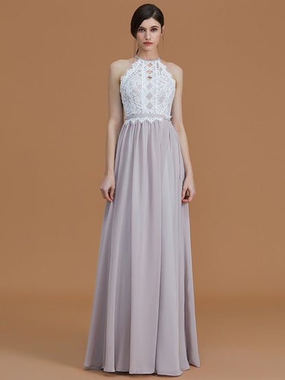 NumberSea - A - Line/Princess Halter Sleeveless Floor - Length Lace Chiffon Bridesmaid Dresses