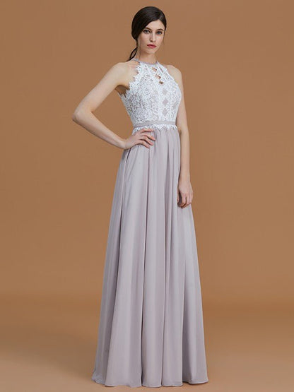 NumberSea - A - Line/Princess Halter Sleeveless Floor - Length Lace Chiffon Bridesmaid Dresses