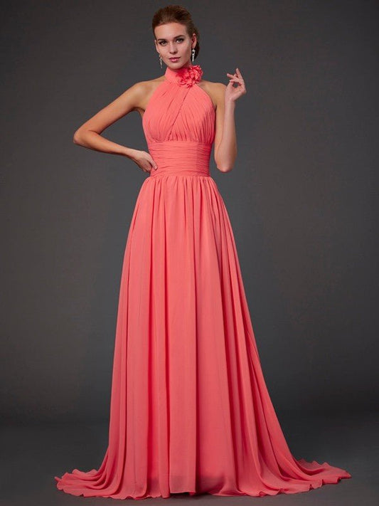 NumberSea - A - Line/Princess Halter Sleeveless Hand - Made Flower Long Chiffon Bridesmaid Dresses