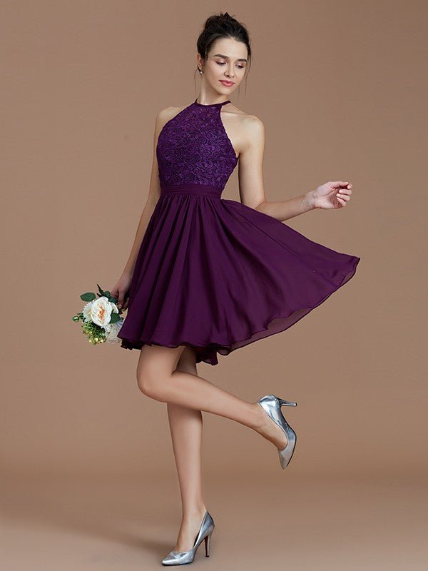 NumberSea - A - Line/Princess Halter Sleeveless Lace Short/Mini Chiffon Bridesmaid Dresses