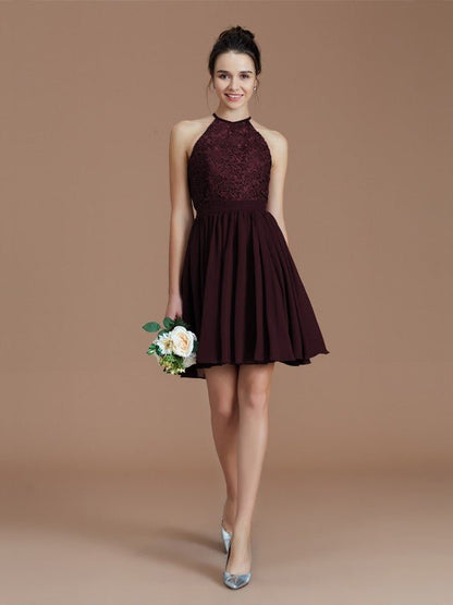 NumberSea - A - Line/Princess Halter Sleeveless Lace Short/Mini Chiffon Bridesmaid Dresses