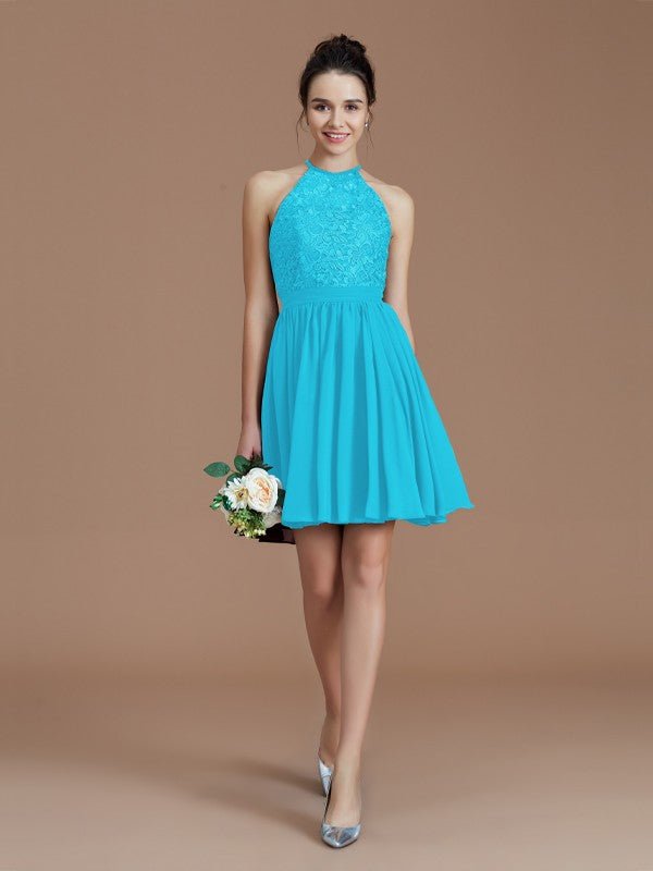 NumberSea - A - Line/Princess Halter Sleeveless Lace Short/Mini Chiffon Bridesmaid Dresses