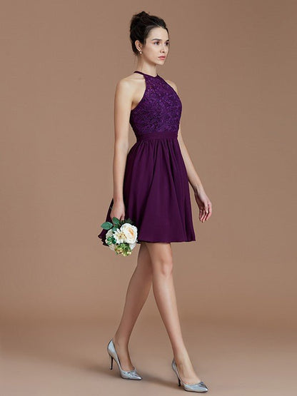 NumberSea - A - Line/Princess Halter Sleeveless Lace Short/Mini Chiffon Bridesmaid Dresses