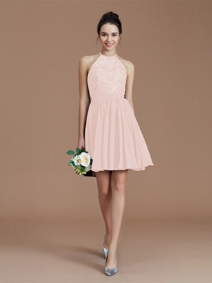 NumberSea - A - Line/Princess Halter Sleeveless Lace Short/Mini Chiffon Bridesmaid Dresses