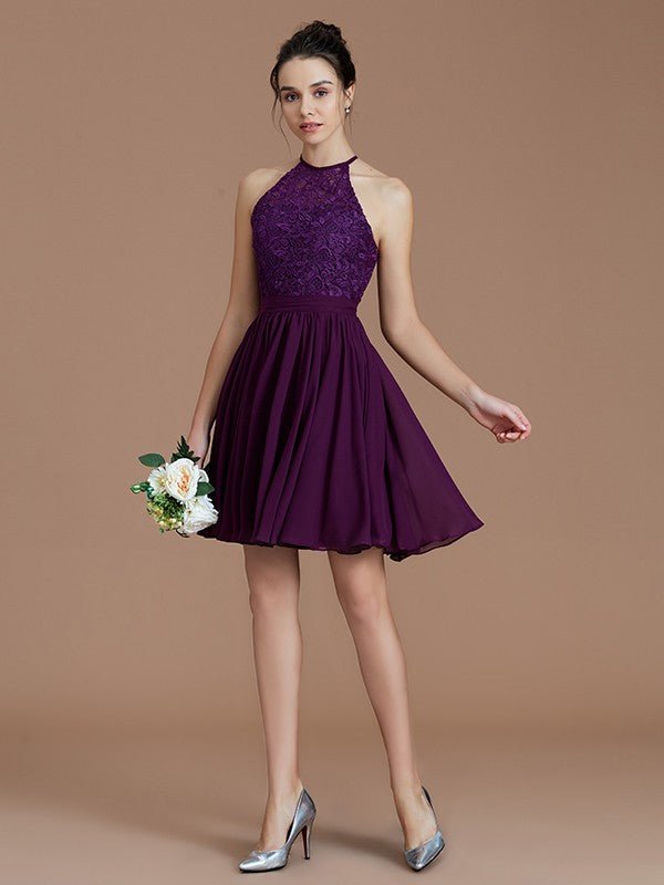 NumberSea - A - Line/Princess Halter Sleeveless Lace Short/Mini Chiffon Bridesmaid Dresses