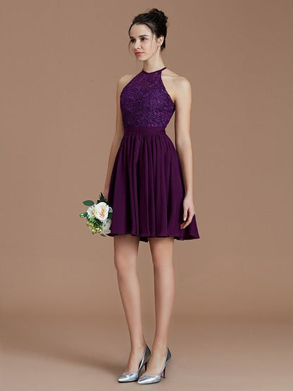 NumberSea - A - Line/Princess Halter Sleeveless Lace Short/Mini Chiffon Bridesmaid Dresses