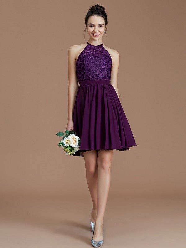 NumberSea - A - Line/Princess Halter Sleeveless Lace Short/Mini Chiffon Bridesmaid Dresses