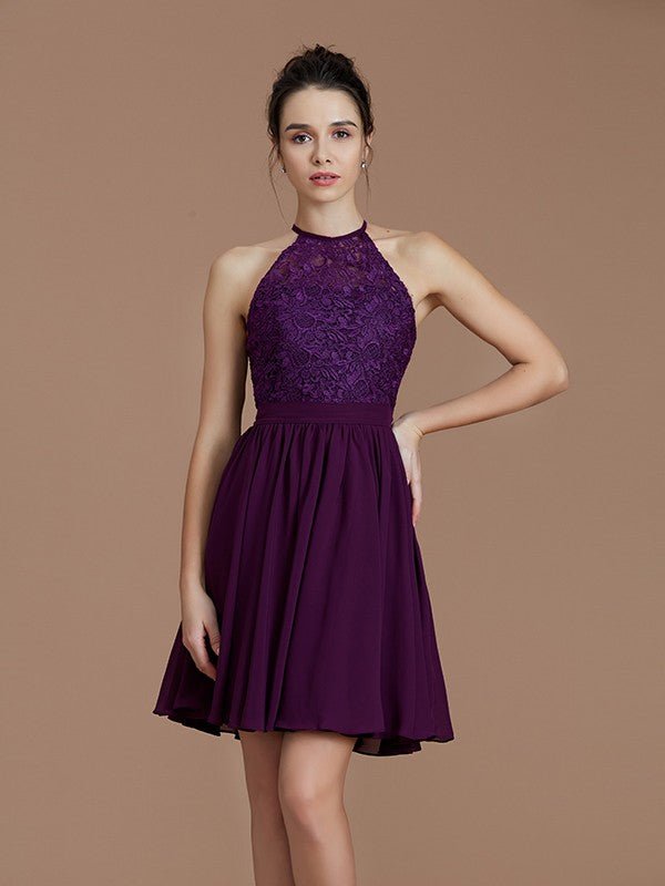 NumberSea - A - Line/Princess Halter Sleeveless Lace Short/Mini Chiffon Bridesmaid Dresses