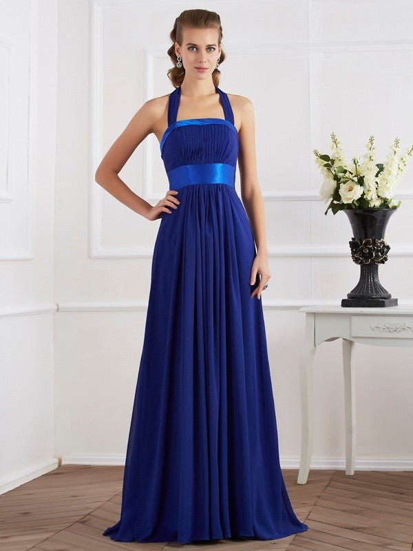 NumberSea - A - Line/Princess Halter Sleeveless Ruched Long Chiffon Dresses