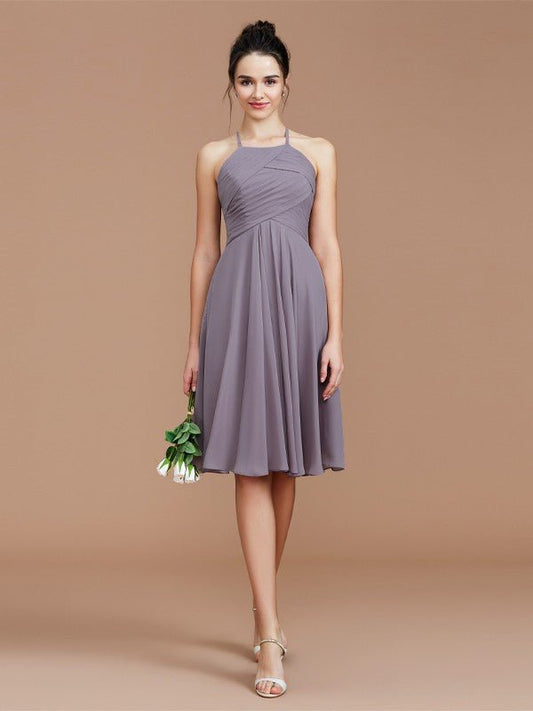 NumberSea - A - Line/Princess Halter Sleeveless Ruched Short/Mini Chiffon Bridesmaid Dresses