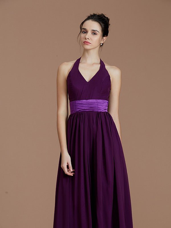 NumberSea - A - Line/Princess Halter Sleeveless Sash/Ribbon/Belt Floor - Length Chiffon Bridesmaid Dresses