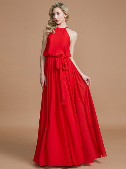 NumberSea - A - Line/Princess Halter Sleeveless Sash/Ribbon/Belt Floor - Length Chiffon Bridesmaid Dresses