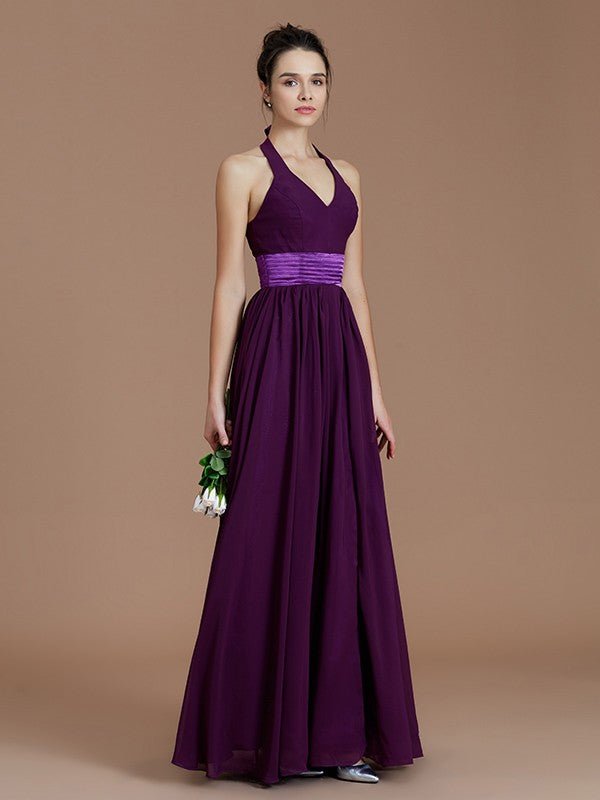 NumberSea - A - Line/Princess Halter Sleeveless Sash/Ribbon/Belt Floor - Length Chiffon Bridesmaid Dresses