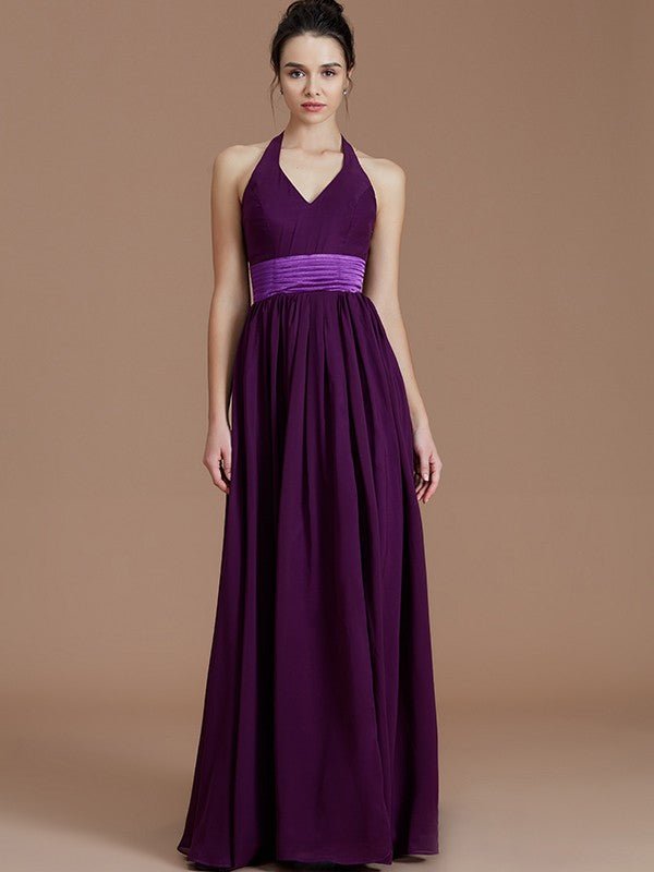 NumberSea - A - Line/Princess Halter Sleeveless Sash/Ribbon/Belt Floor - Length Chiffon Bridesmaid Dresses