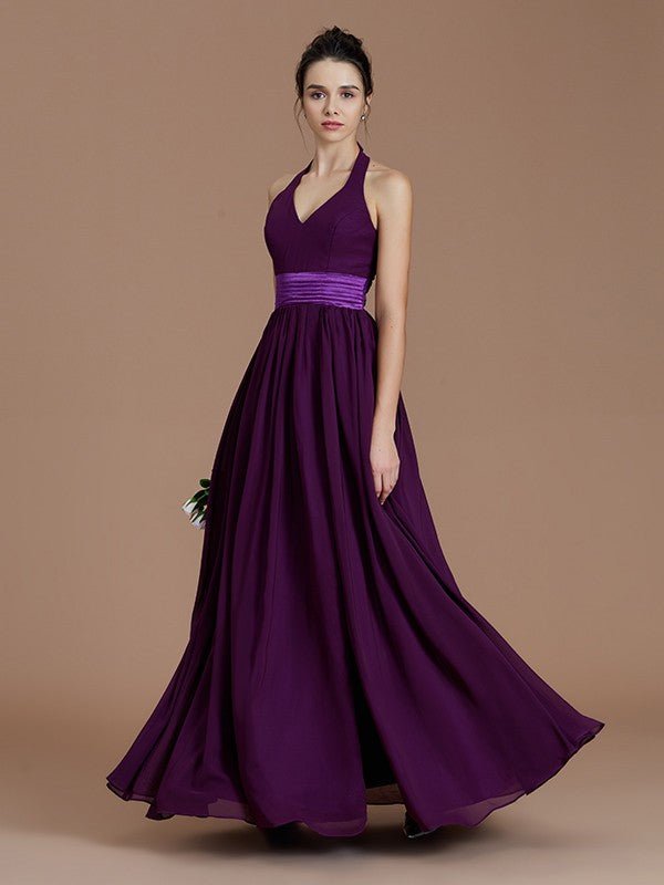 NumberSea - A - Line/Princess Halter Sleeveless Sash/Ribbon/Belt Floor - Length Chiffon Bridesmaid Dresses