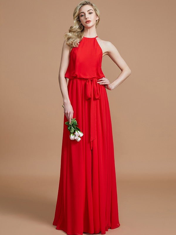 NumberSea - A - Line/Princess Halter Sleeveless Sash/Ribbon/Belt Floor - Length Chiffon Bridesmaid Dresses