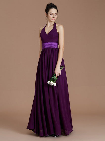 NumberSea - A - Line/Princess Halter Sleeveless Sash/Ribbon/Belt Floor - Length Chiffon Bridesmaid Dresses