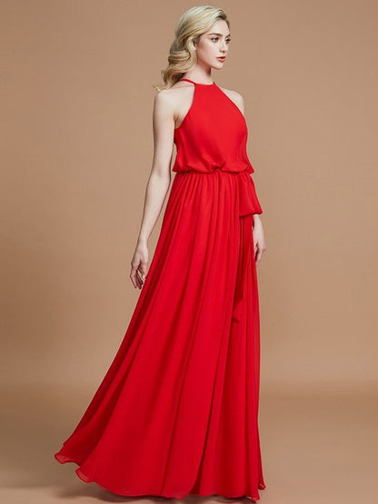 NumberSea - A - Line/Princess Halter Sleeveless Sash/Ribbon/Belt Floor - Length Chiffon Bridesmaid Dresses