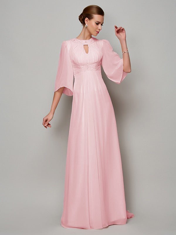 NumberSea - A - Line/Princess High Neck 1/2 Sleeves Beading Long Chiffon Mother of the Bride Dresses