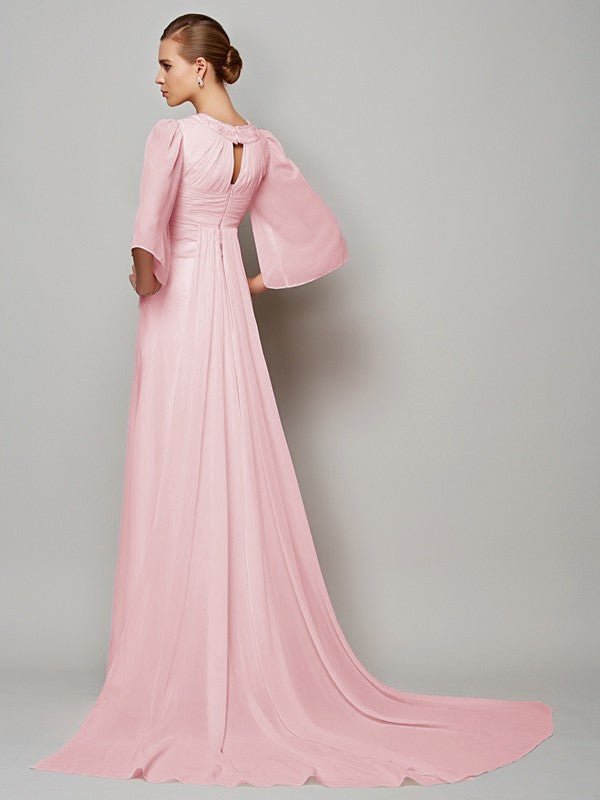 NumberSea - A - Line/Princess High Neck 1/2 Sleeves Beading Long Chiffon Mother of the Bride Dresses