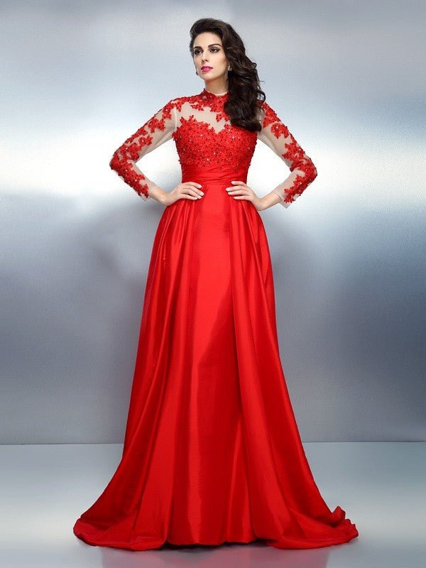 NumberSea - A - Line/Princess High Neck Applique Long Sleeves Long Satin Dresses