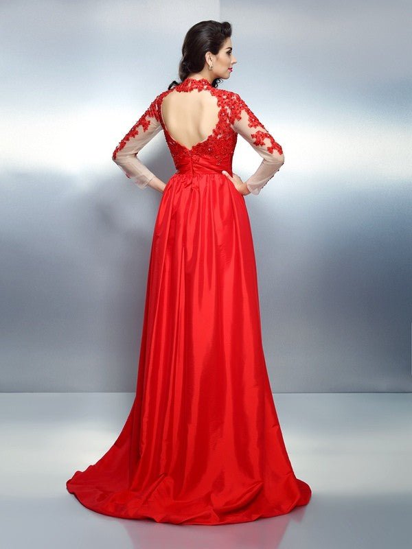 NumberSea - A - Line/Princess High Neck Applique Long Sleeves Long Satin Dresses