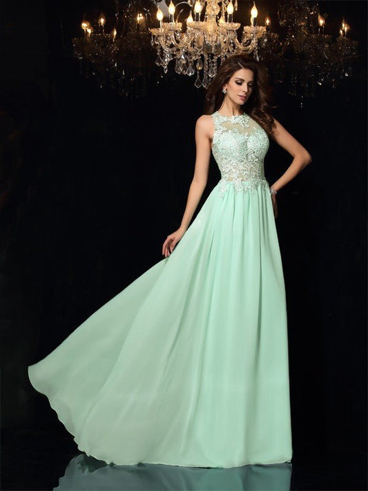 NumberSea - A - Line/Princess High Neck Applique Sleeveless Long Chiffon Dresses