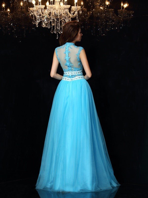 NumberSea - A - Line/Princess High Neck Applique Sleeveless Long Satin Dresses