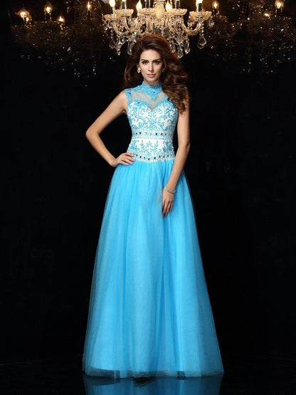 NumberSea - A - Line/Princess High Neck Applique Sleeveless Long Satin Dresses