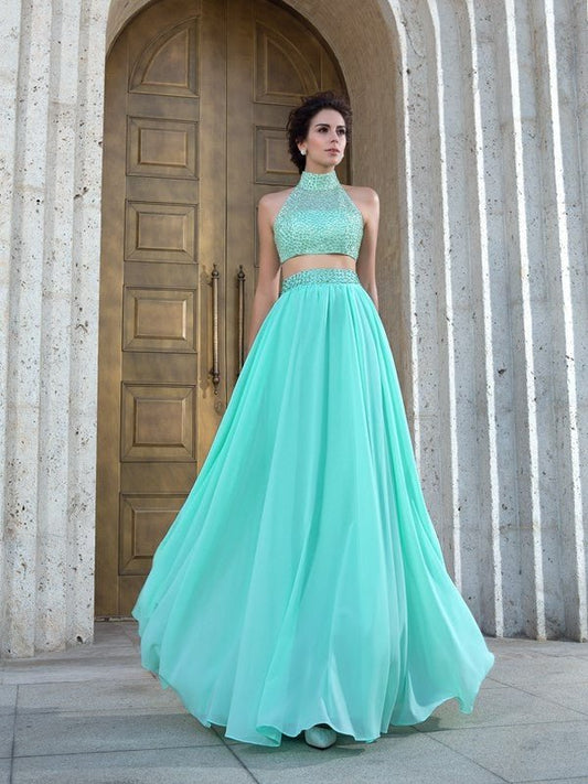 NumberSea - A - Line/Princess High Neck Beading Sleeveless Long Chiffon Two Piece Dresses